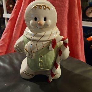 Festive Snowman Figurine with Candy Cane